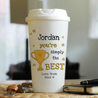 Close up of personalised travel mug showing Simply The Best design and custom text