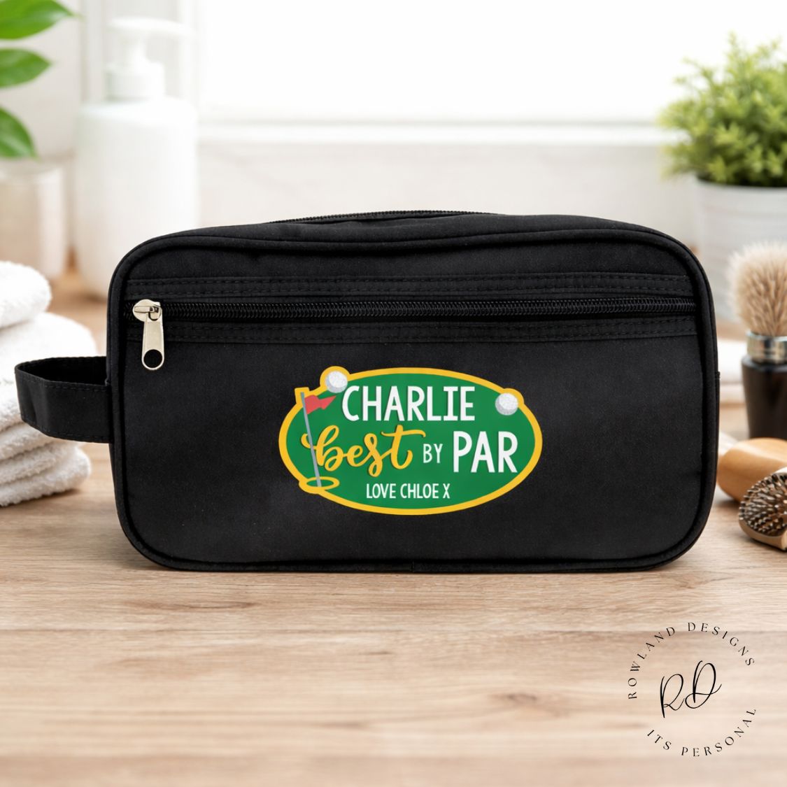 Personalised wash bag for Dad styled in a bathroom setting, ideal as a Father’s Day gift