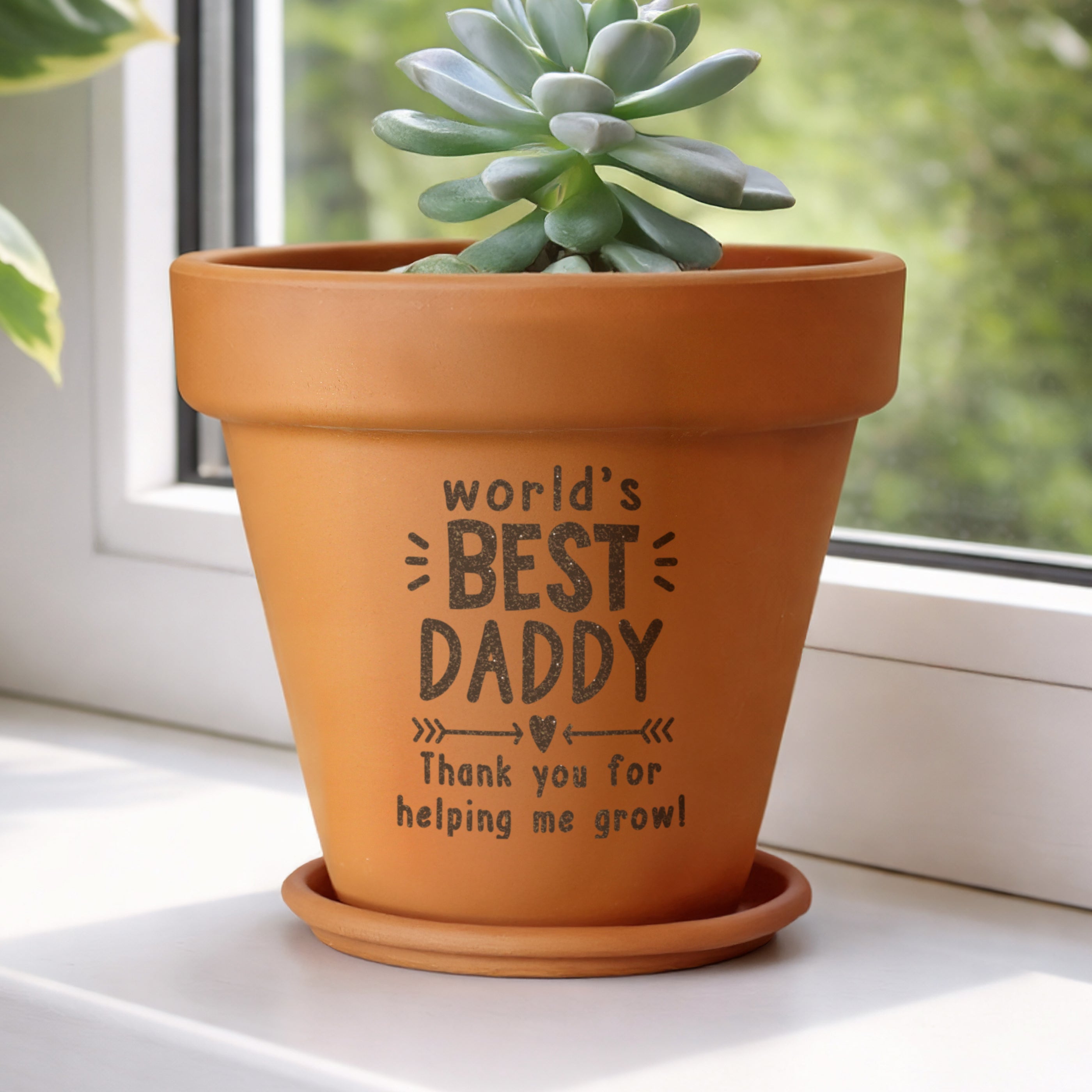 Terracotta pot with a succulent and 'World's Best Daddy' message on a windowsill.