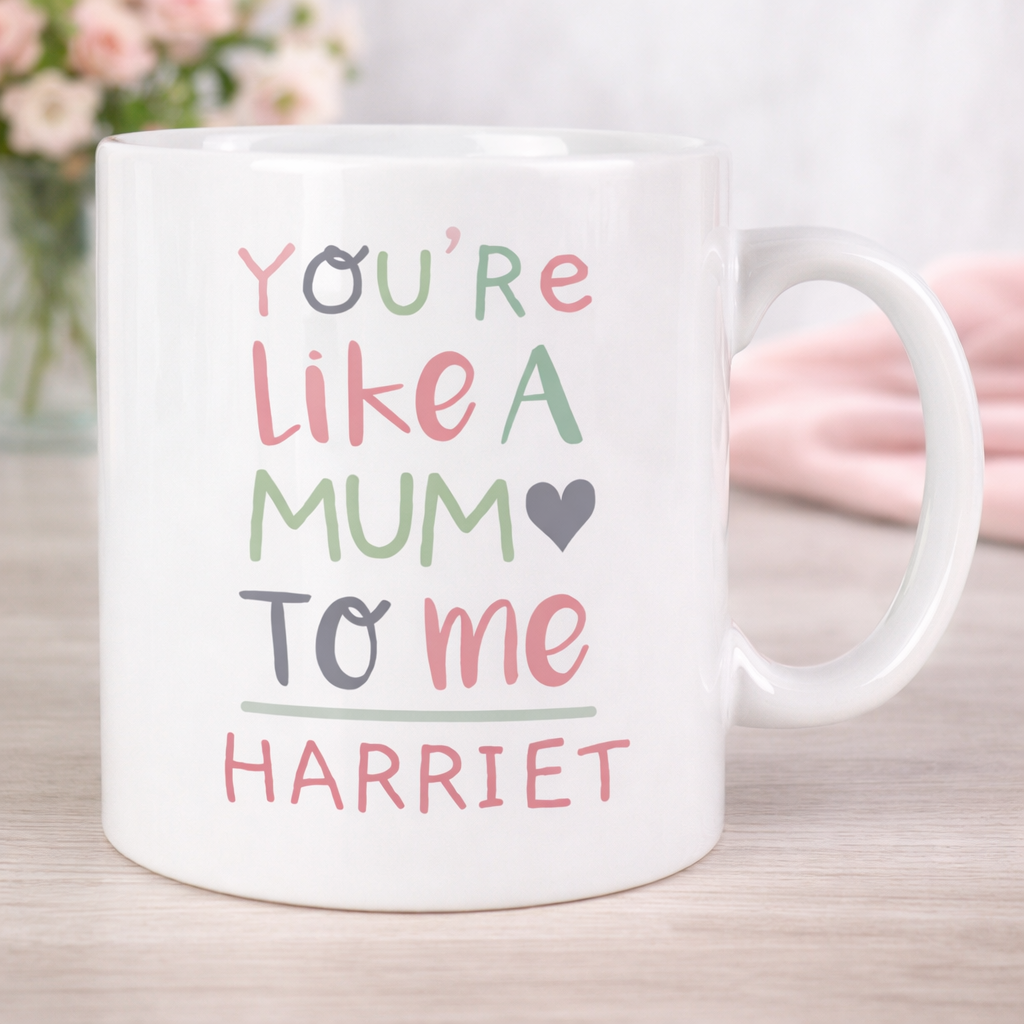 Personalised - You’re Like a Mum to Me. ceramic mug with colourful text and custom name