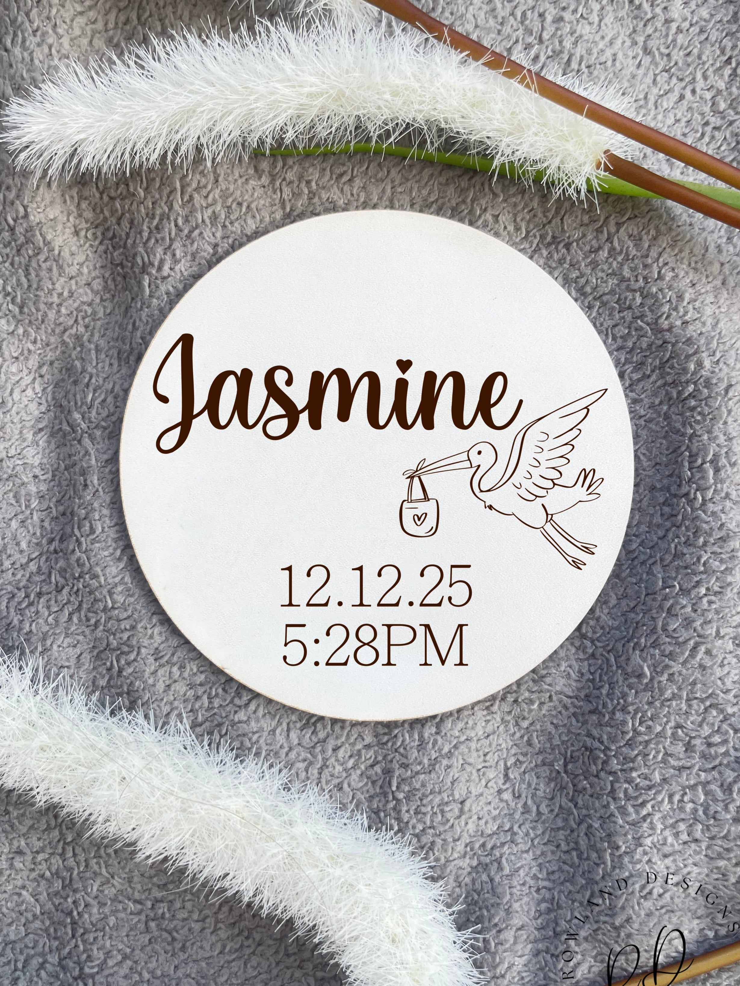 Custom Baby Name Announcement Plaque – Stork design, personalised with your baby’s name, made from Beech veneer or white MDF, ideal for baby shower gifts.