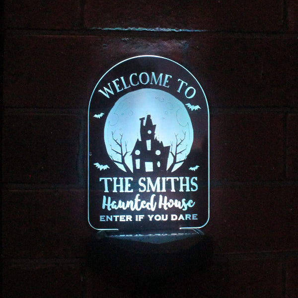 Halloween decoration with LED and spooky text

