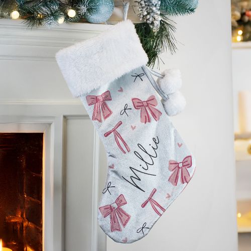 Pink Velvet Stocking with Plush Cuff and Hanging Loop Custom Name
