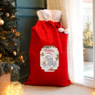 Red Fleece Christmas Sack Elasticated Opening with Mock Cord and Pom Pom