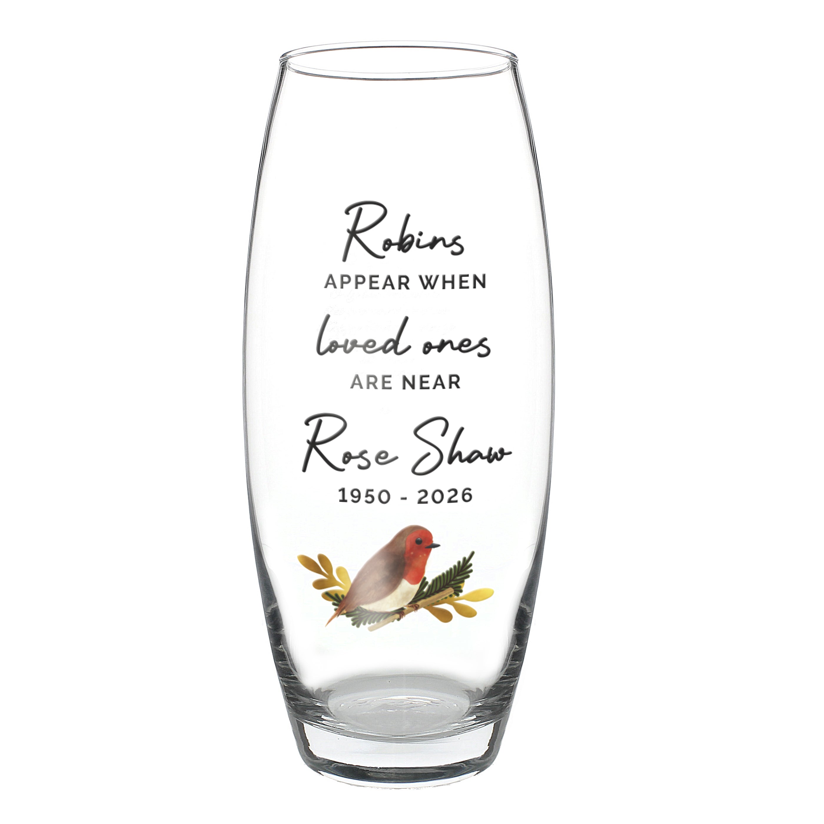 Clear glass with engraved text and a robin illustration on a white background