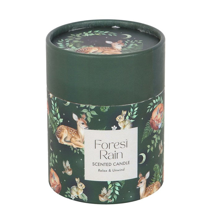 Foresi Rain scented candle packaging with forest animals design on a white background