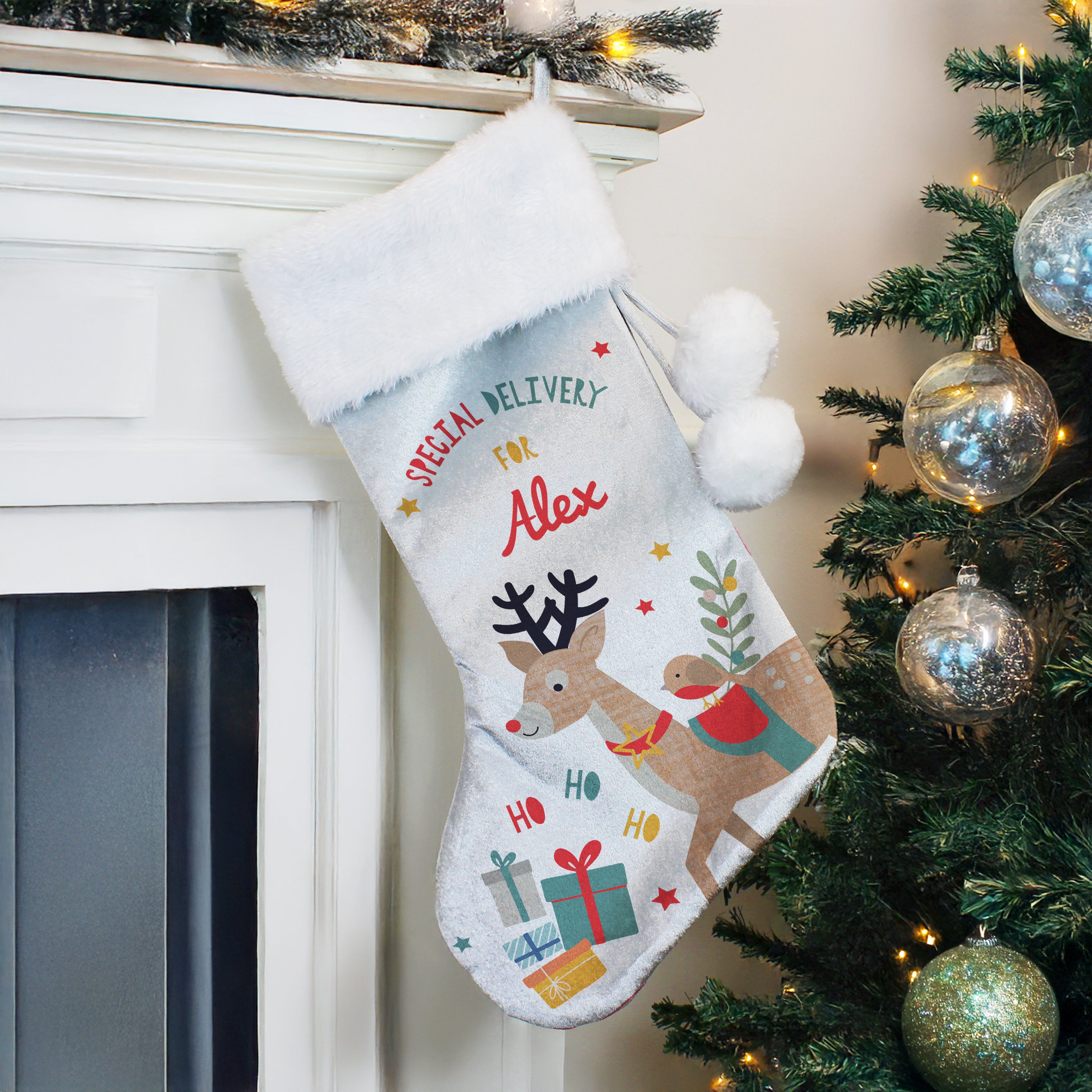  'Special Delivery for' text and personalised name on the stocking.
