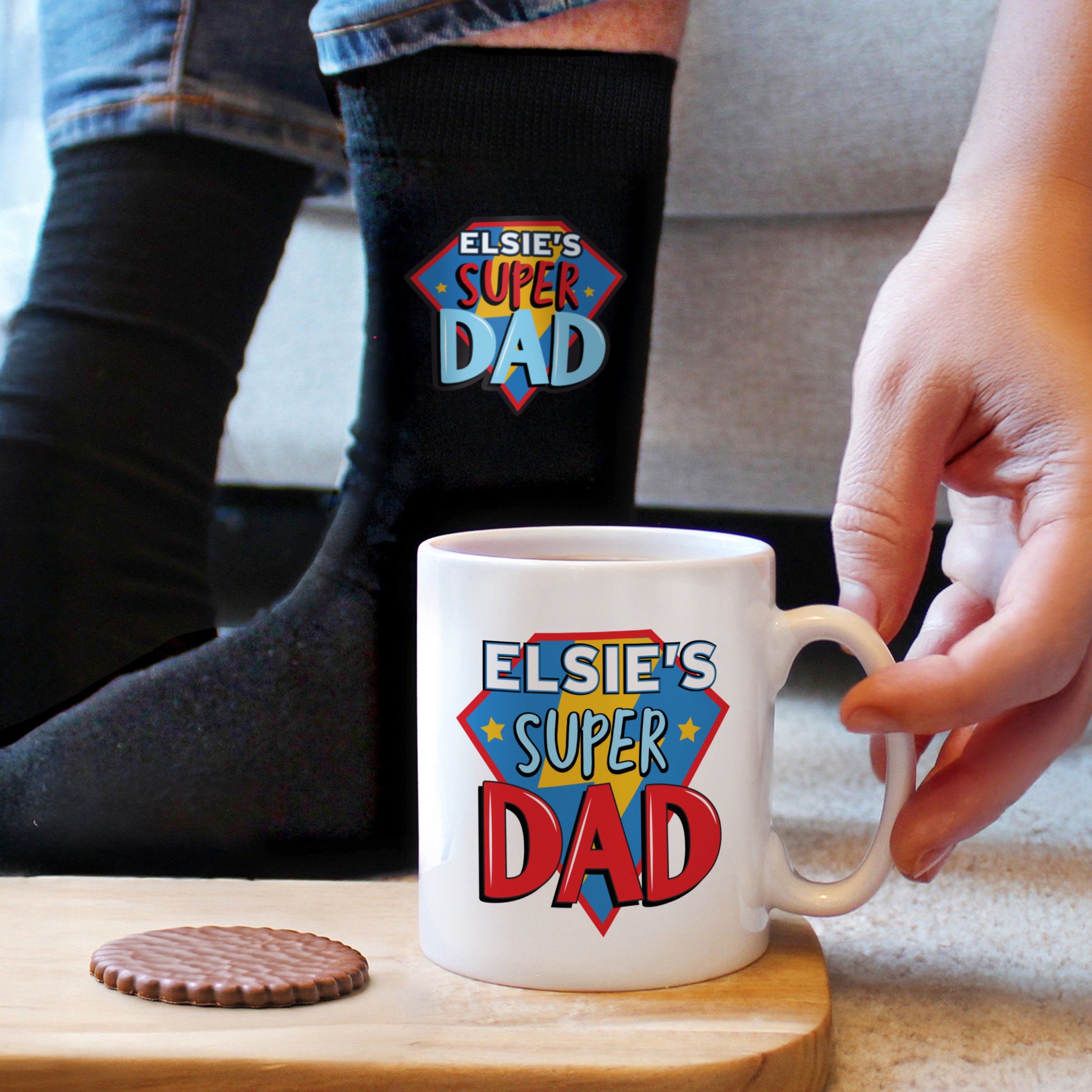 Super Dad personalised mug and black socks gift set for fathers
