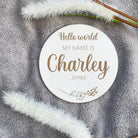 White MDF personalised baby arrival sign for hospital bag announcement