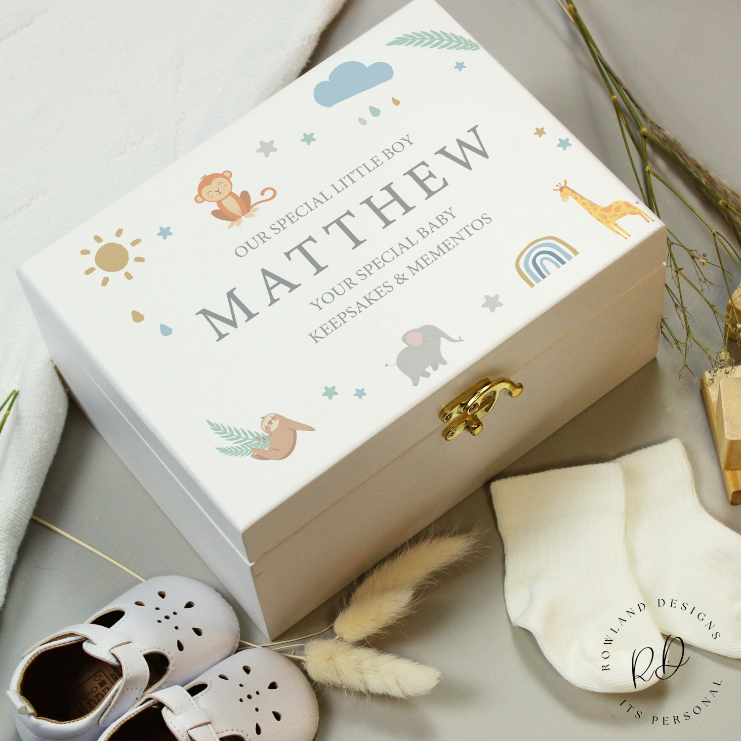 Personalised white safari animals wooden baby keepsake box – front view
