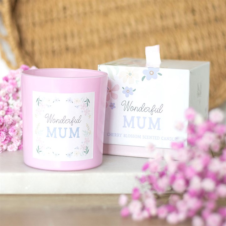 Wonderful Mum Cherry Blossom Candle in Pink Glass Holder