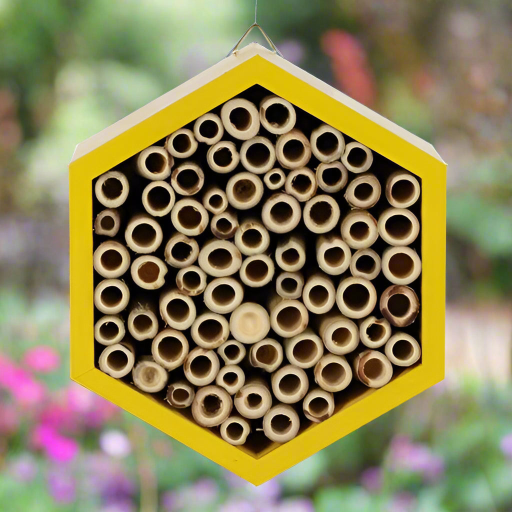 Wooden bee hotel showcasing its rustic design, perfect for attracting garden bees.