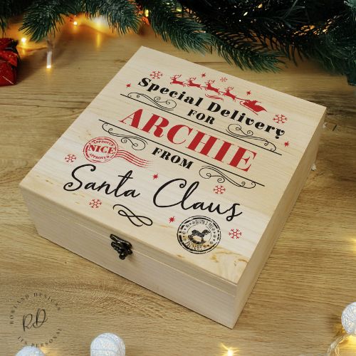 Wooden Christmas Eve Box with Metal Clasp and Hinges Natural Wood Grain