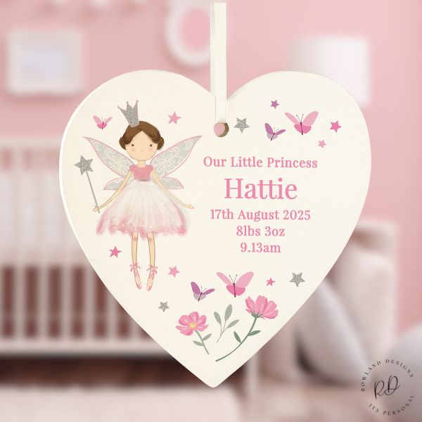 Wooden personalised fairy princess heart decoration with text