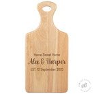 Wooden serving board personalised with custom laser-engraved text
