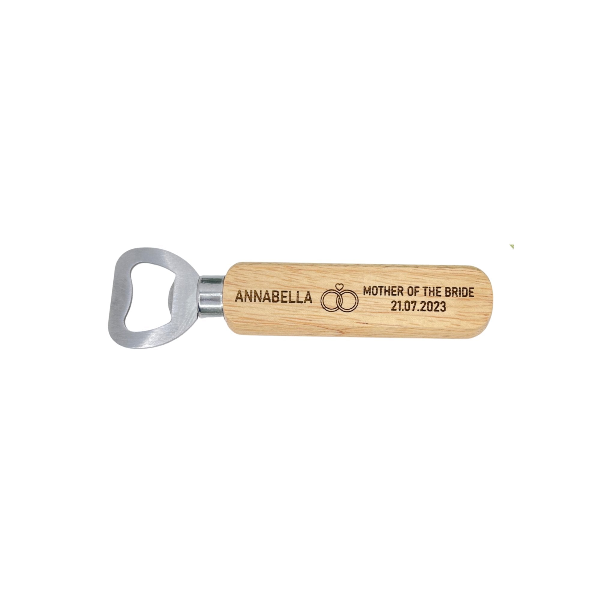 Personalised wedding bottle opener engraved with name, wedding role, and date, placed on a rustic wooden table.