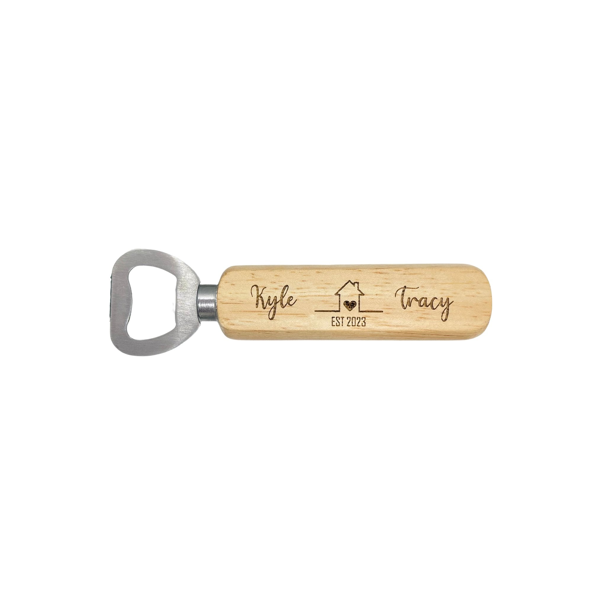 Personalised Wooden Bottle Opener with Engraved Names and Heart Motif – Perfect New Home Gift
