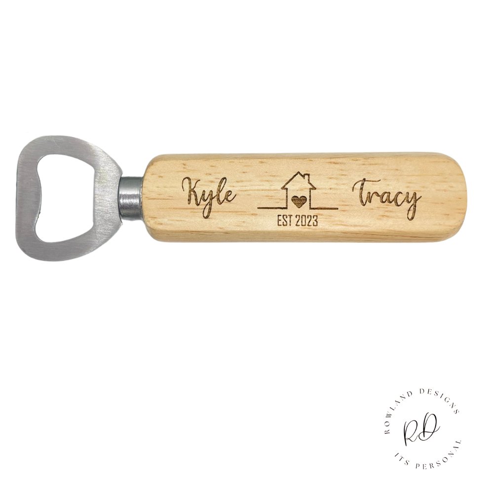 Custom Wooden Bottle Opener with Engraved Details – Perfect for Weddings or New Homes