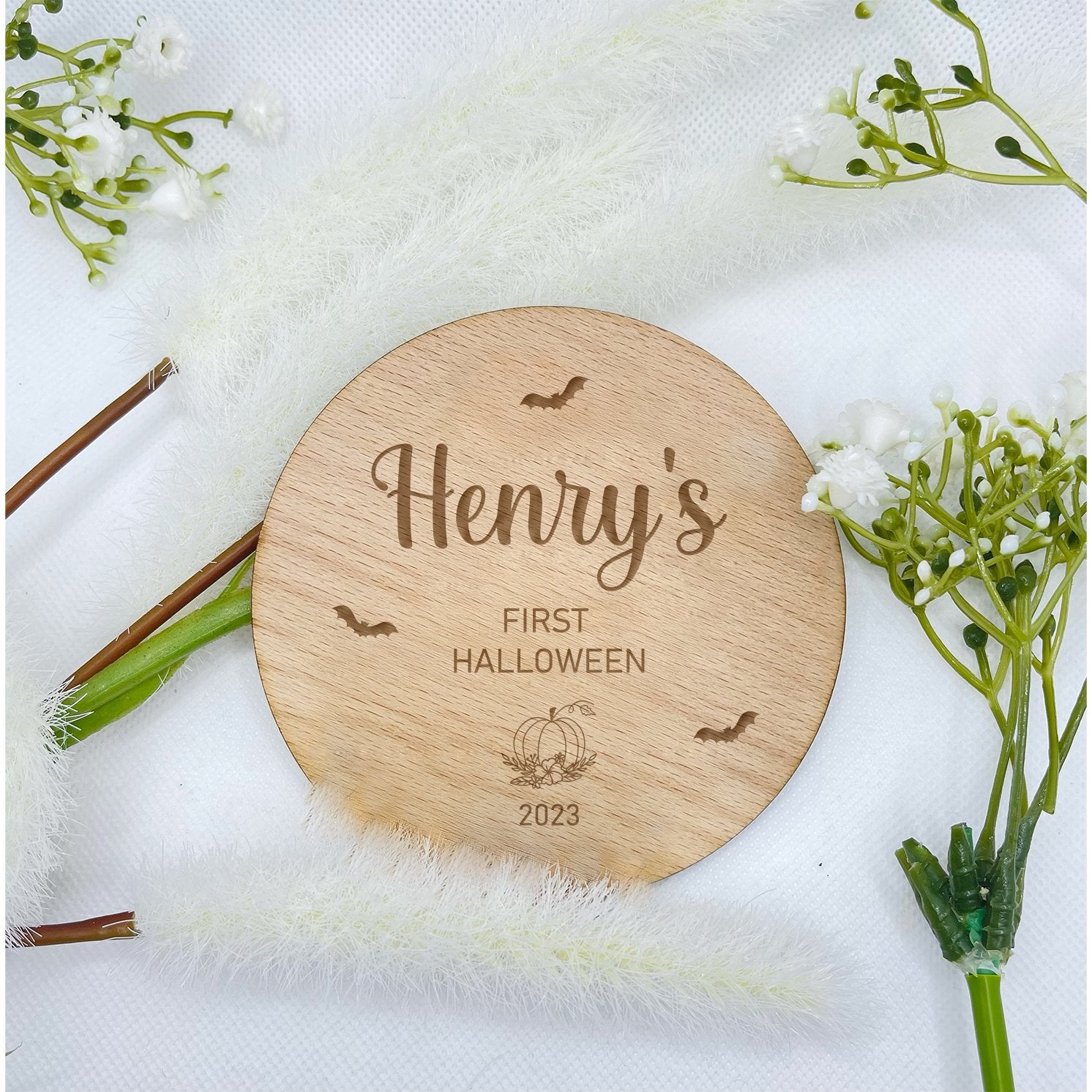 Custom Baby's First Halloween Keepsake with an Engraved Pumpkin.
