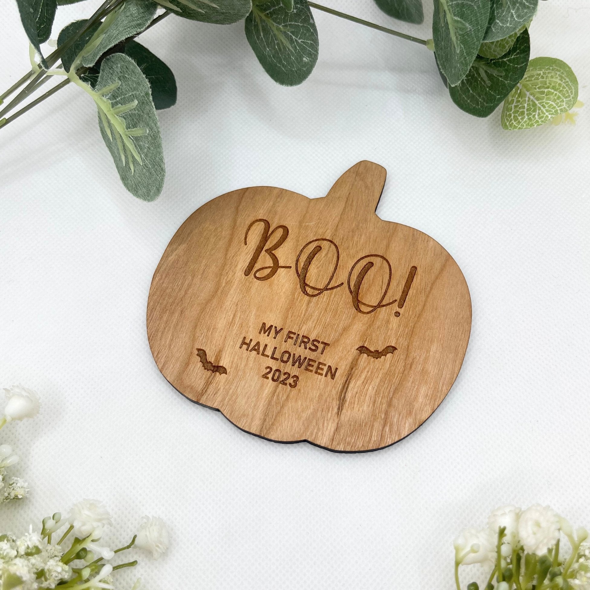 Personalised "Little Pumpkin" baby announcement plaque in natural beech wood.