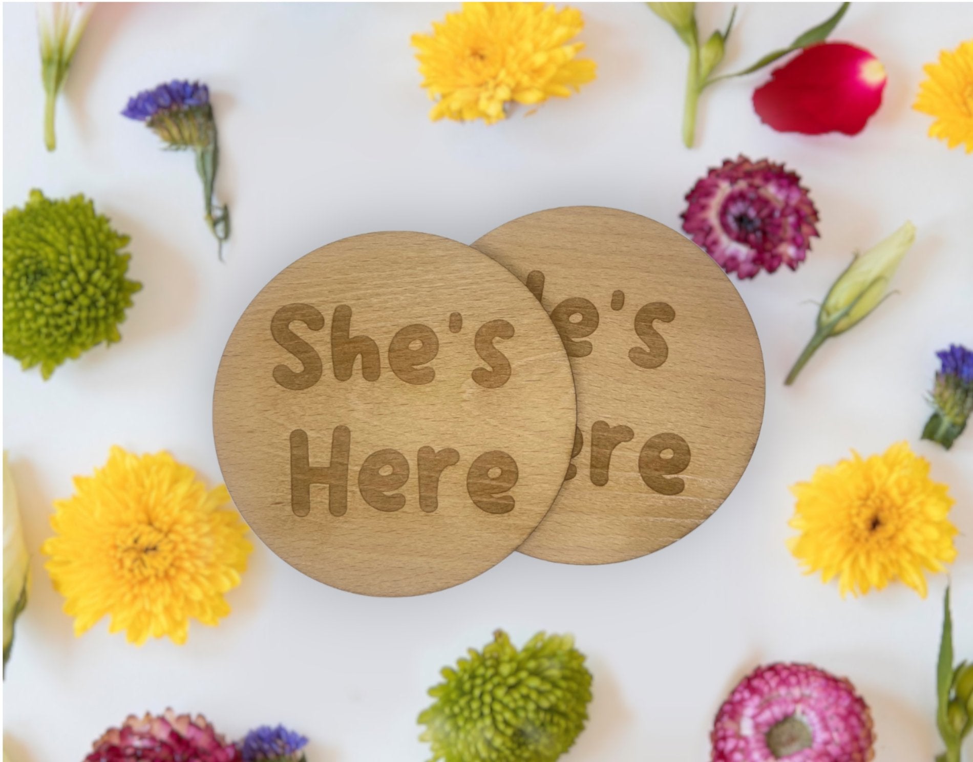 Beautifully designed 'He's Here, She's Here' baby announcement plaque made from oak veneer or white mdf 4mm , perfect for sharing your special news.