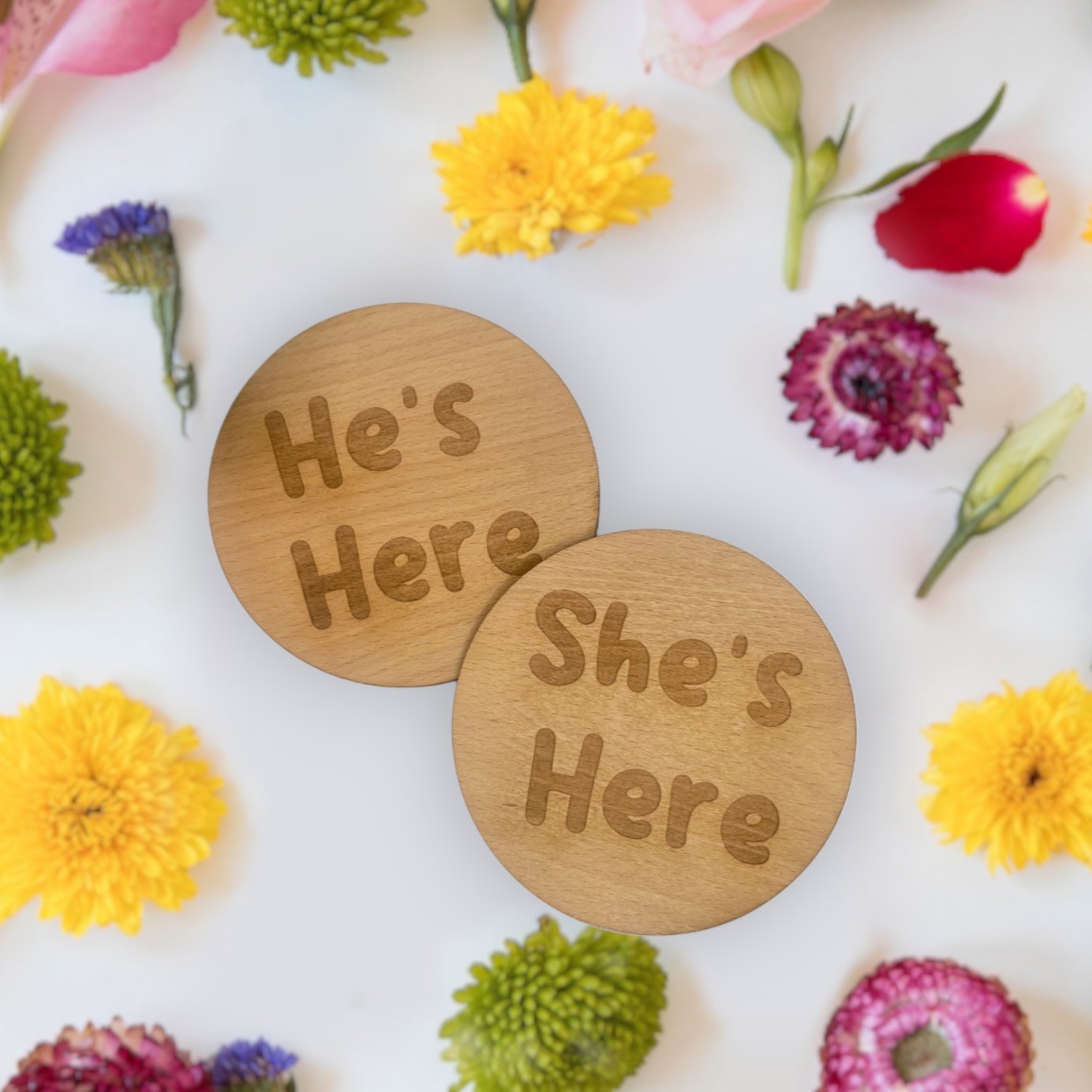 Celebrate your new bundle of joy with our 'He's Here, She's Here' baby announcement plaque, crafted from rich oak veneer.