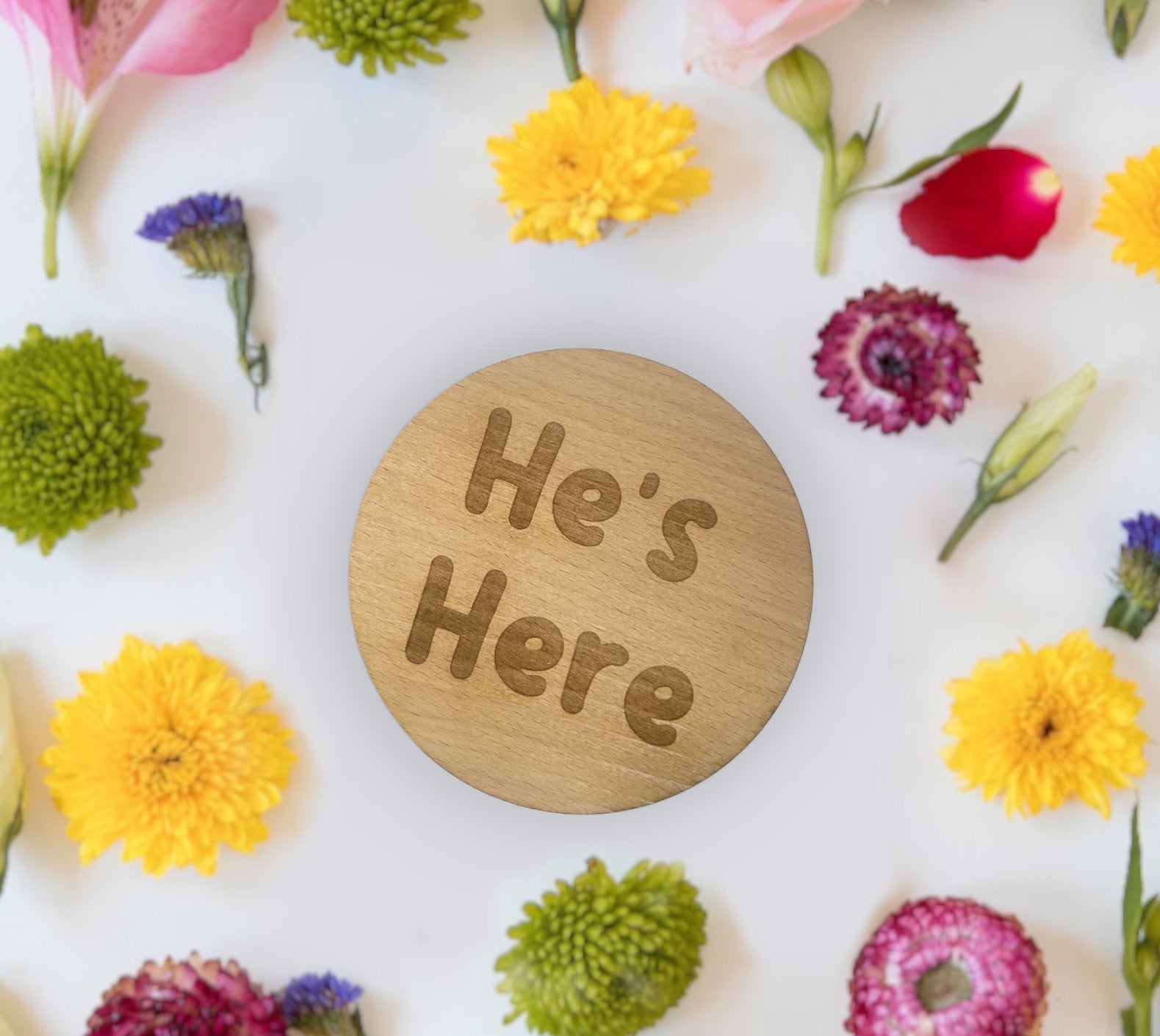 Timeless keepsake 'He's Here, She's Here' baby announcement plaque in oak veneer or white MDF , ideal for baby showers and pre-birth gifts.