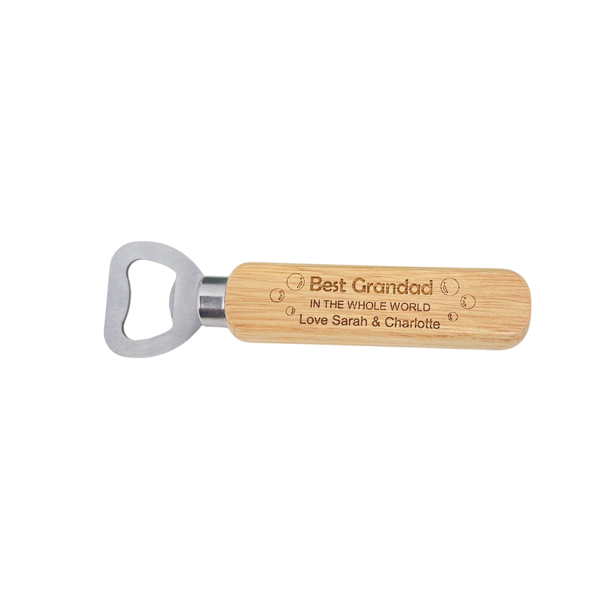 Personalised Classic Bottle Opener - Bubble Design: Sleek metal opener with a warm wooden handle, featuring a contemporary bubble pattern. Perfect for milestone birthdays, weddings, or anniversaries. Measures L:14cm W:4cm H:2cm. Hand wash only.