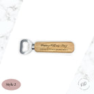 Personalised wooden bottle opener made from high-quality wood, featuring a custom engraved name and special message. just text - style 2 