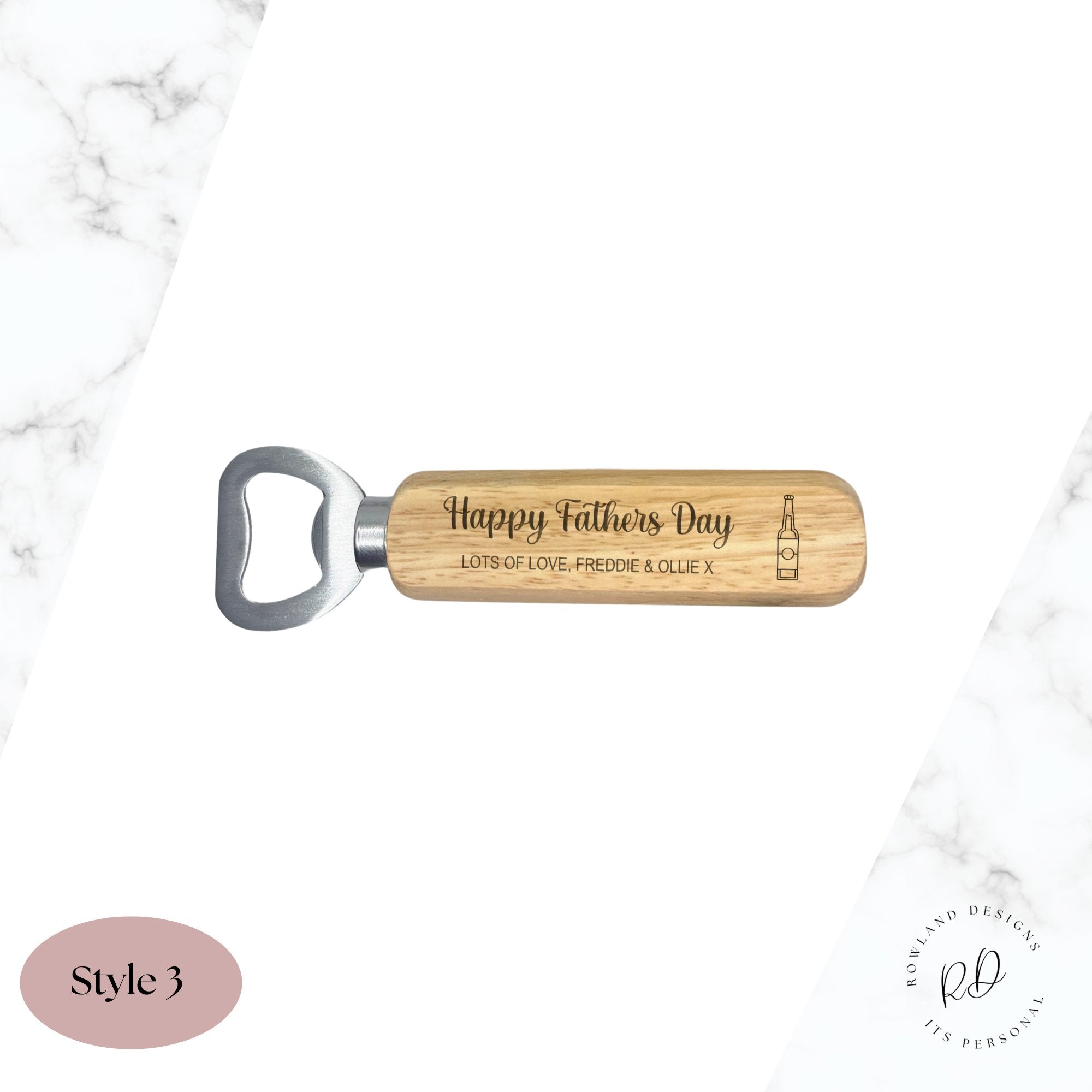 Personalised wooden bottle opener made wood, featuring a custom engraved name and special message.style 3 - bottle design 