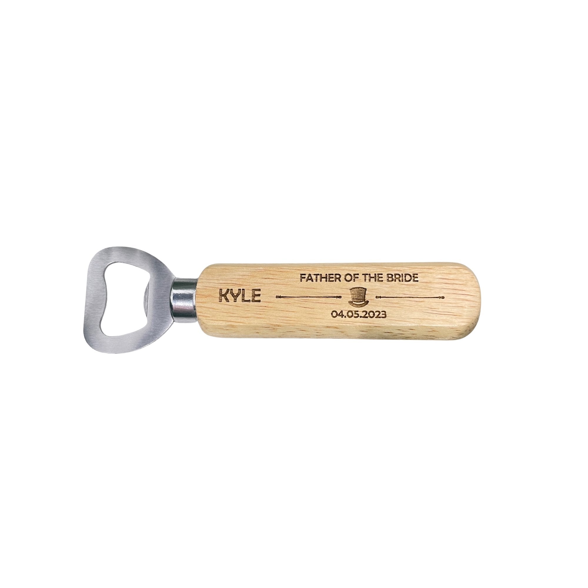 Personalised Top Hat Bottle Opener: A perfect thank-you gift for the wedding party, featuring an engraved top hat on a sleek metallic opener with an attractive wooden handle. Ideal for fathers, best man, ushers, and page boys. Measures L:14cm W:4cm H:2cm.