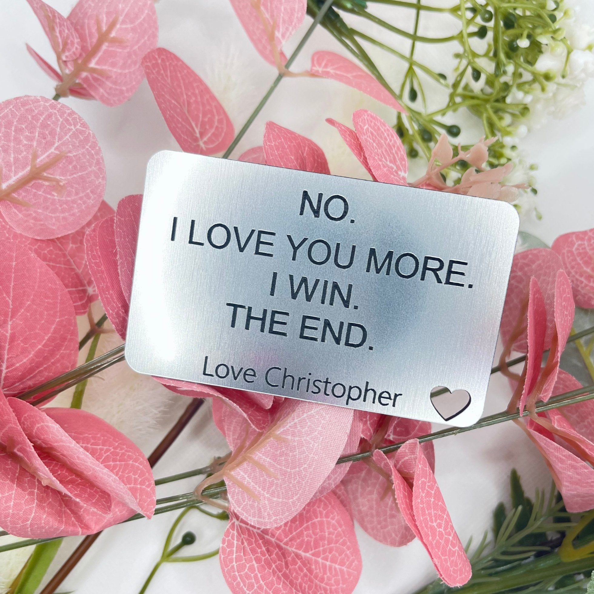 Personalised metal wallet insert for her with engraved love message