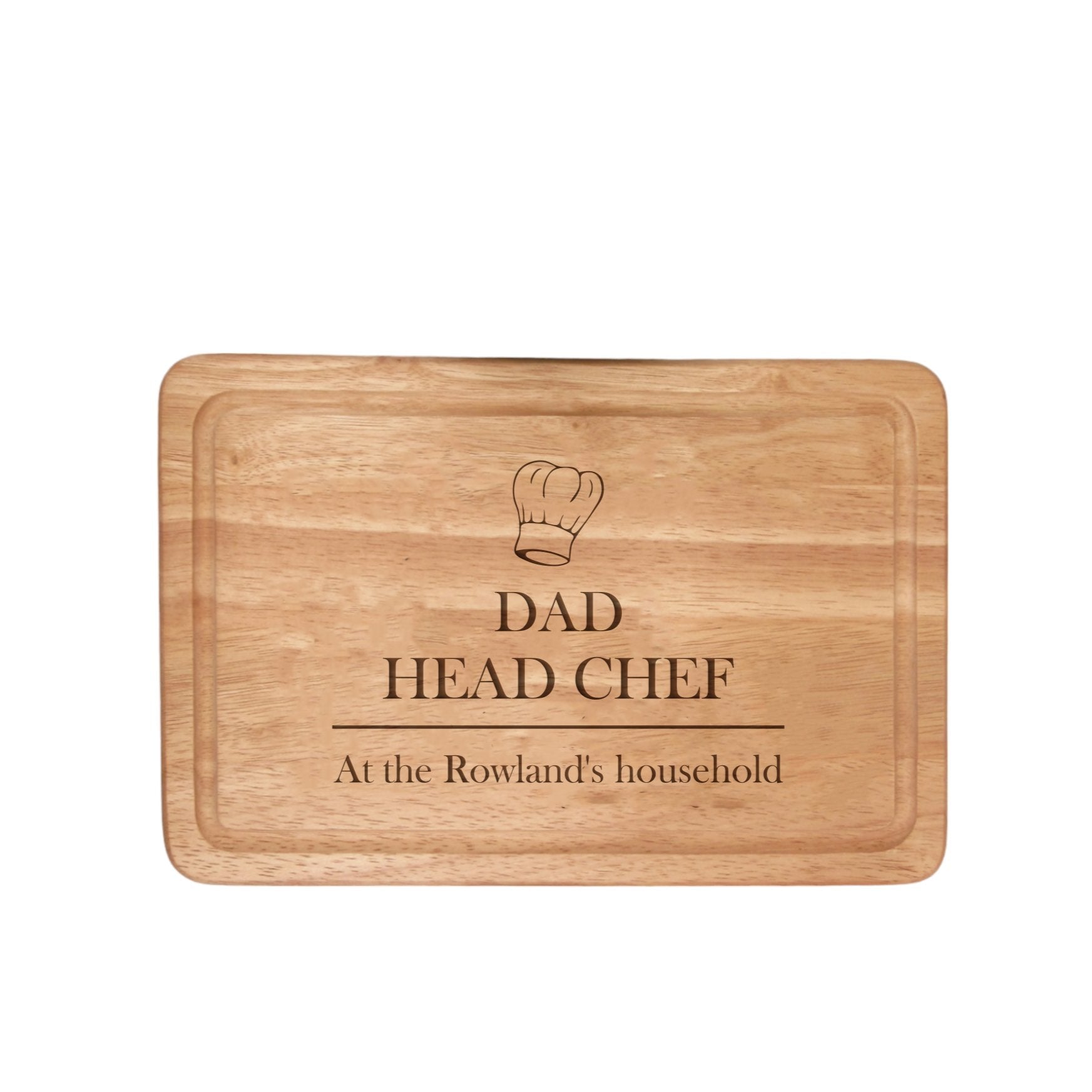 Engraved wooden chopping board with 'DAD HEAD CHEF' text and a chef's hat illustration.