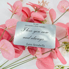 A delightful wallet insert, an ideal gift for couples on occasions like Valentine's Day, anniversaries, birthdays, weddings, and beyond. Designed to slip seamlessly into credit card slots, this non-metal item won't disrupt cards or belongings. With a personalized name at the base, it's the perfect keepsake for any memorable event.