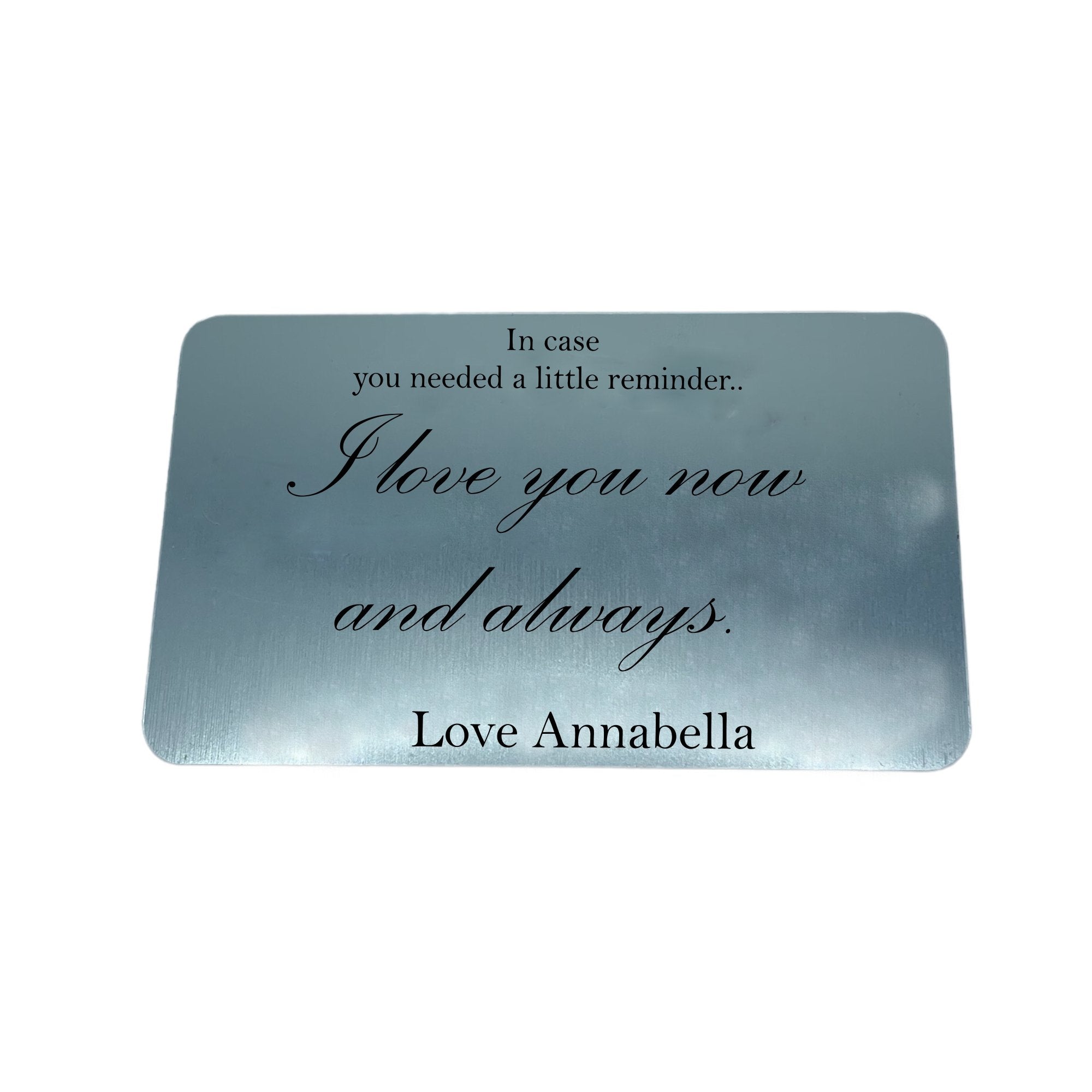 Elegantly crafted wallet insert, a perfect couple's gift for Valentine's Day, anniversaries, birthdays, weddings, and more. Engineered to fit wallet credit card slots without metal interference. Enriched with a personalized name, this keepsake defines the quintessential present for any significant celebration.