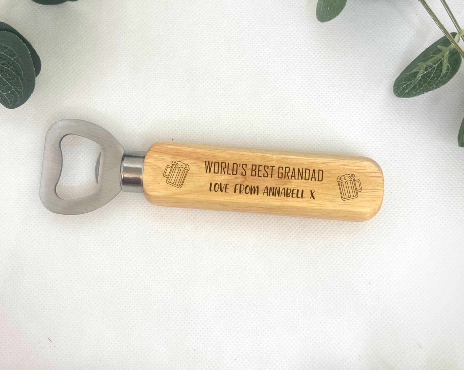 Personalised Wooden Handle Bottle Opener - Beer Design: Engraved wooden handle with beer glasses motif laser engraved, perfect for gifting on Father's Day or any special occasion. Practical metal opener, measures L:14cm W:4cm H:2cm.