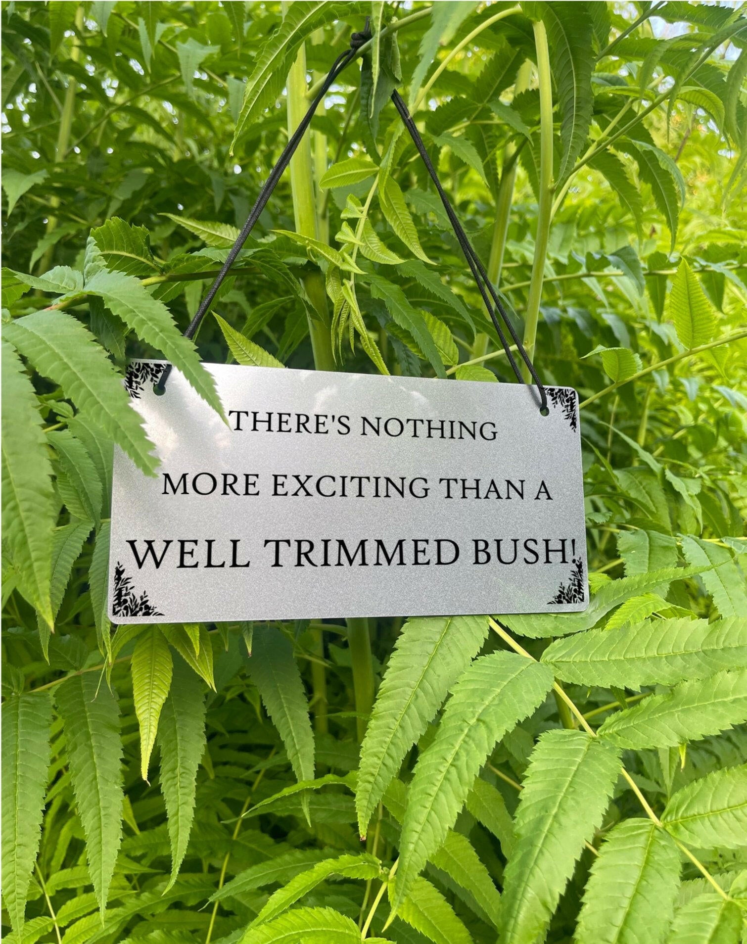 The humorous "Well Trimmed Bush" sign displayed hanging.